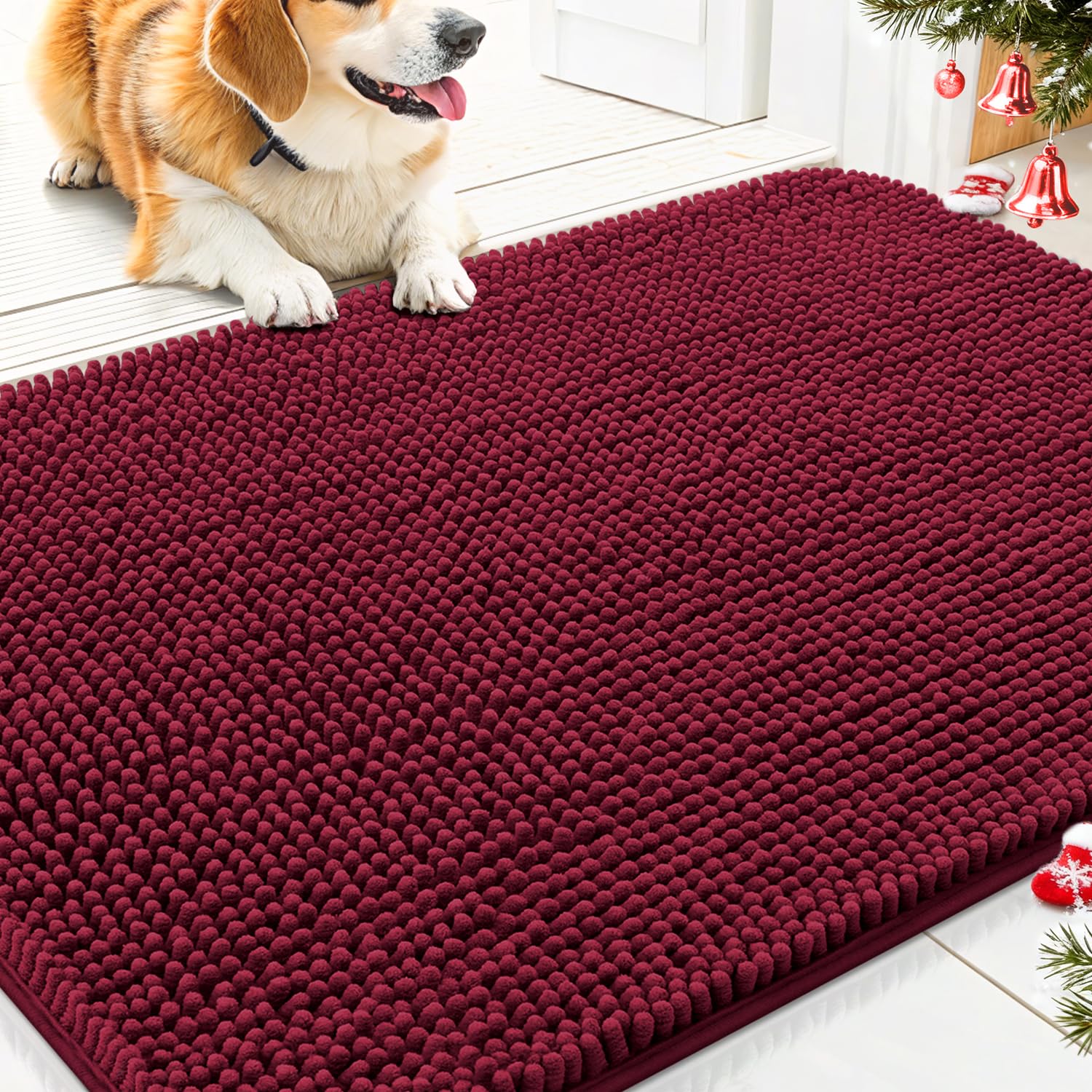 Smiry dog door mat front view in burgundy, absorbs moisture from muddy paws.
