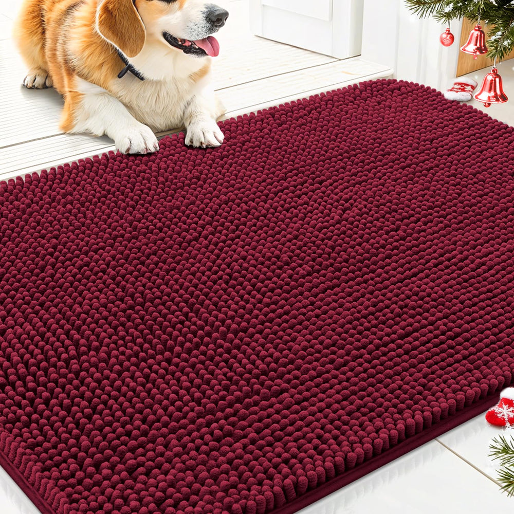 Smiry dog door mat front view in burgundy, absorbs moisture from muddy paws.