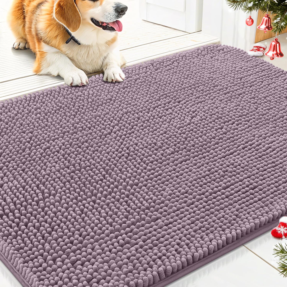 Smiry dog door mat front-view shows plush chenille absorbing moisture at the doorway
