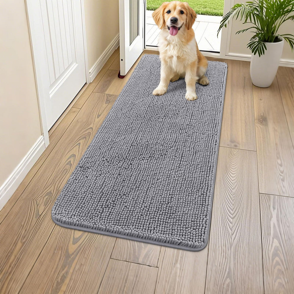 Smiry dog door mat muddy-paws closeup highlights plush chenille and moisture absorption