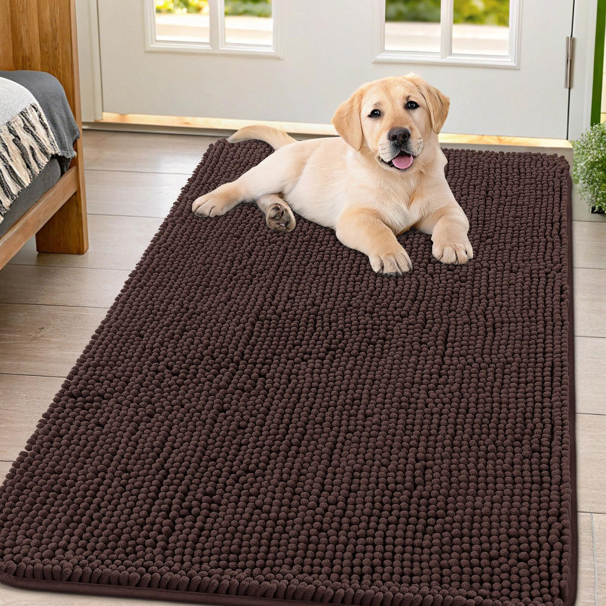 Smiry dog door mat with muddy paws traps dirt at the entry.