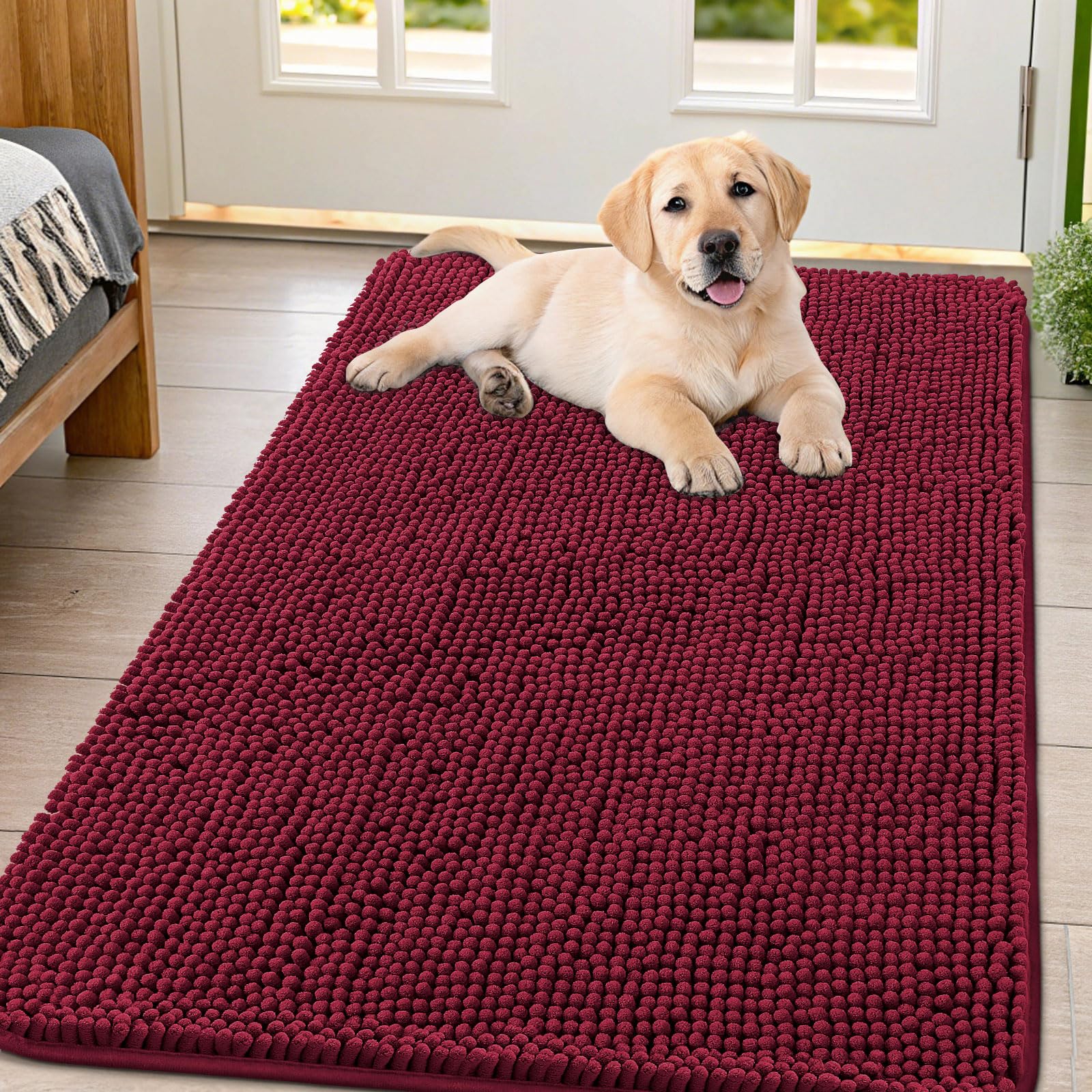 Smiry dog door mat close-up shows absorbent plush for muddy paws and moisture control.