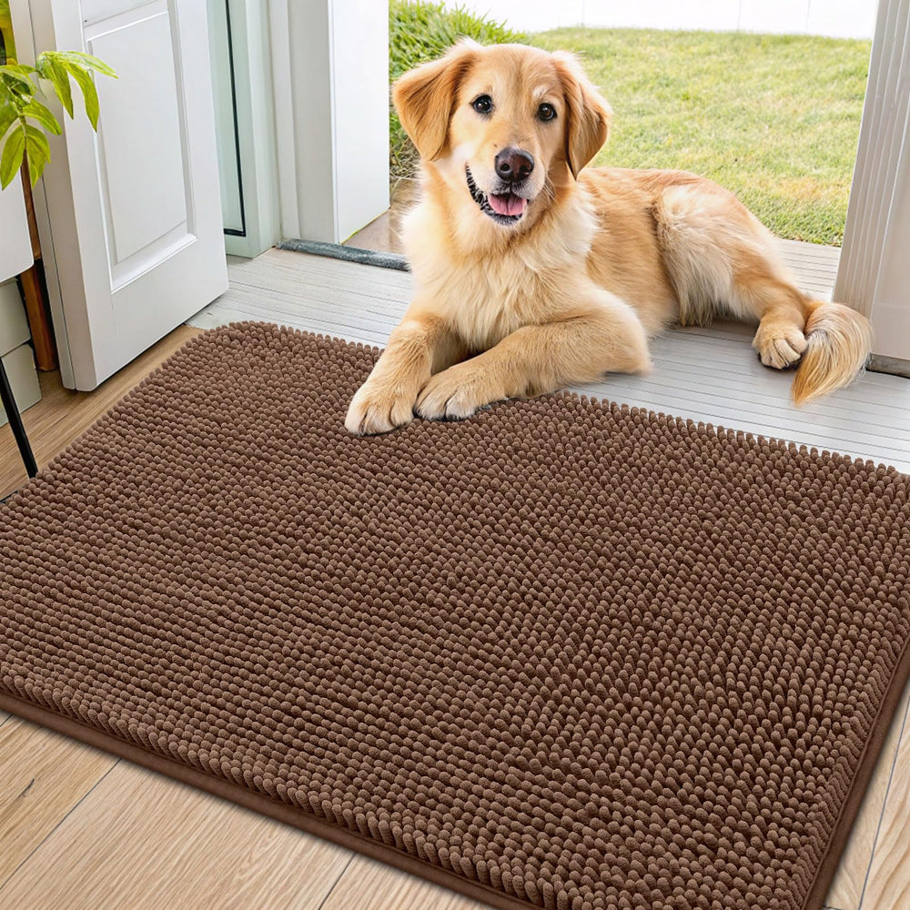 Smiry dog door mat muddy paws closeup shows absorbent chenille for clean entryways.