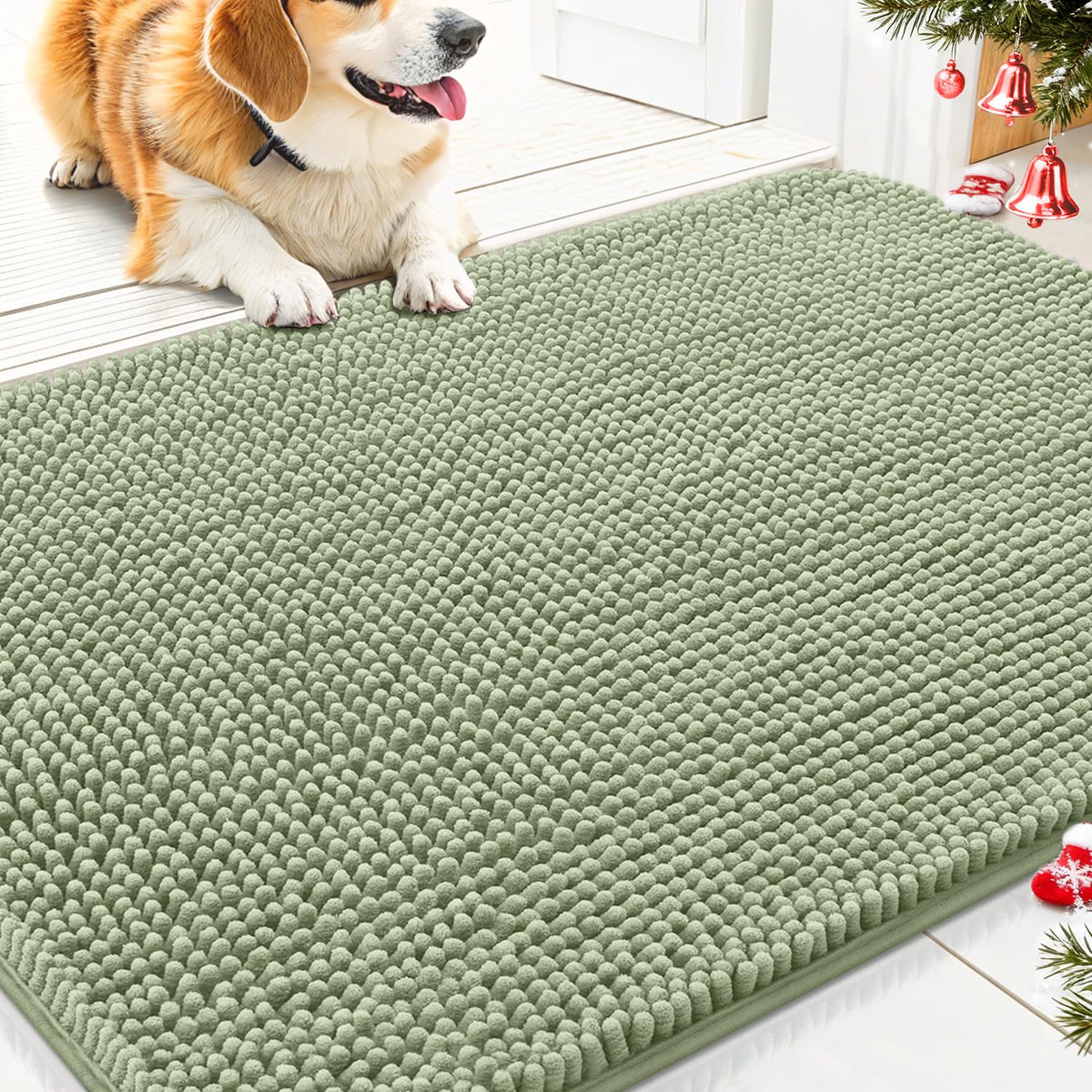 Smiry dog door mat front view shows 30x20 size and mud absorption.