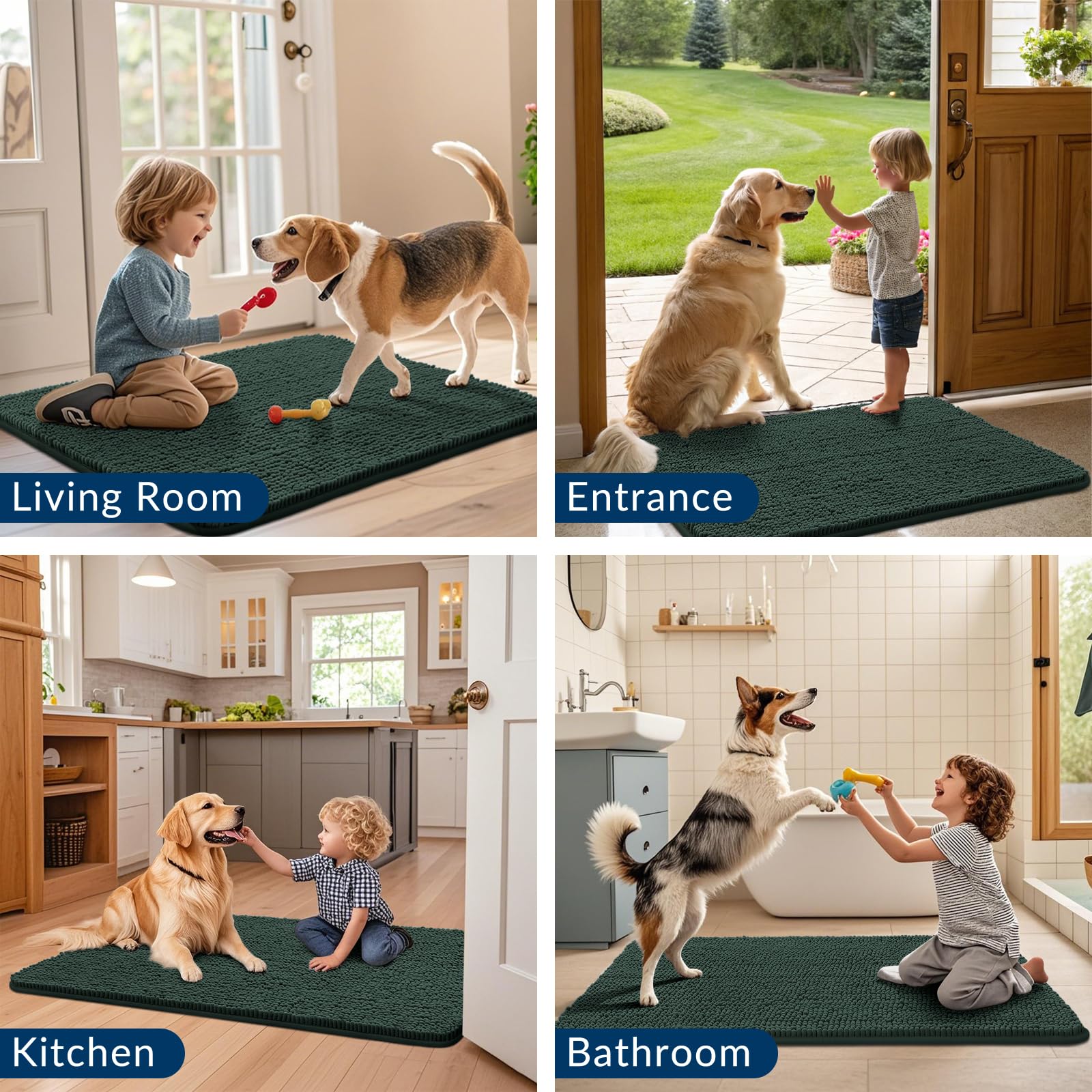 Smiry Dog Door Mat scene with muddy paws illustrating dirt containment.