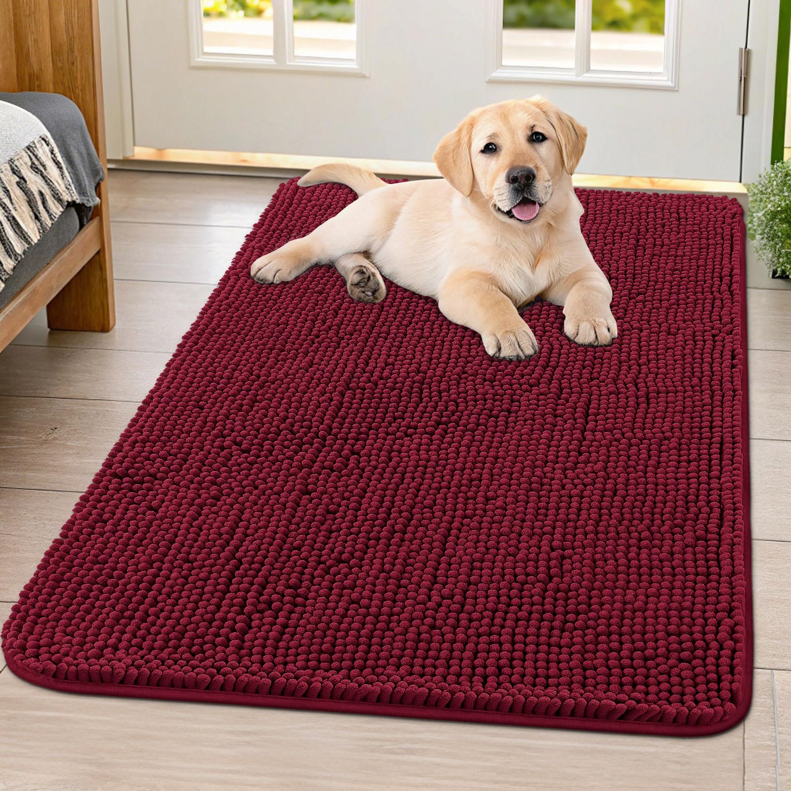 Smiry dog door mat muddy paws shows plush chenille for cozy paws and moisture absorption.
