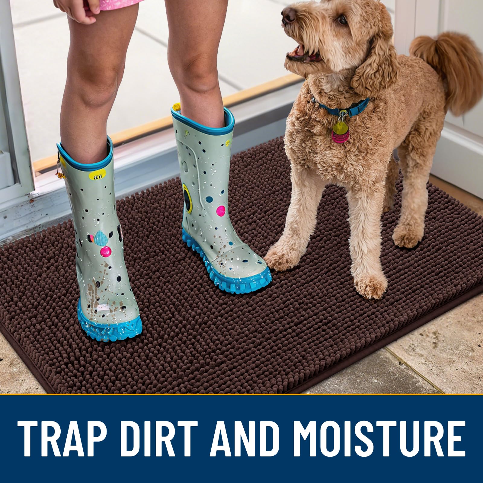 Smiry dog door mat with non-slip backing stays in place on dry floors.