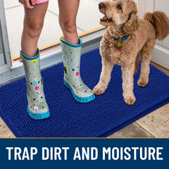Smiry dog door mat with non-slip backing stays in place on dry floors.