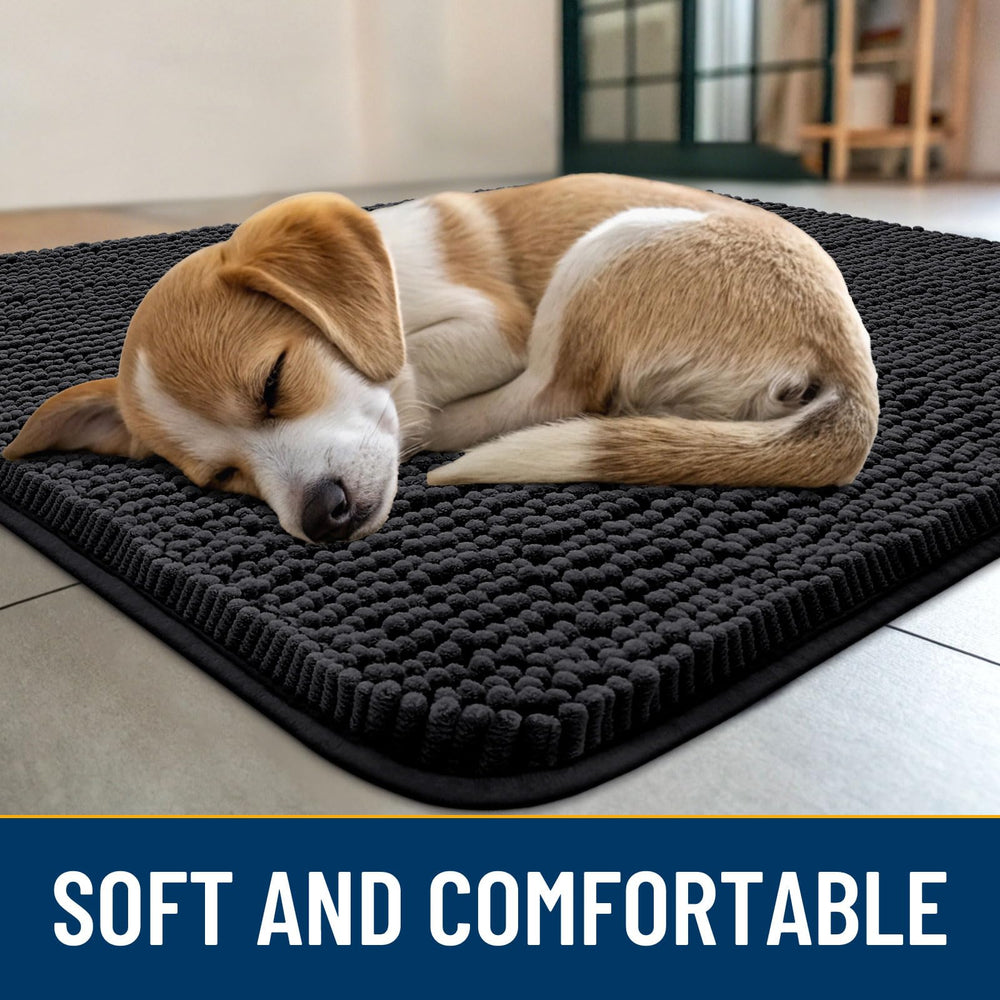 Smiry dog door mat with non-slip backing keeps mat secure.