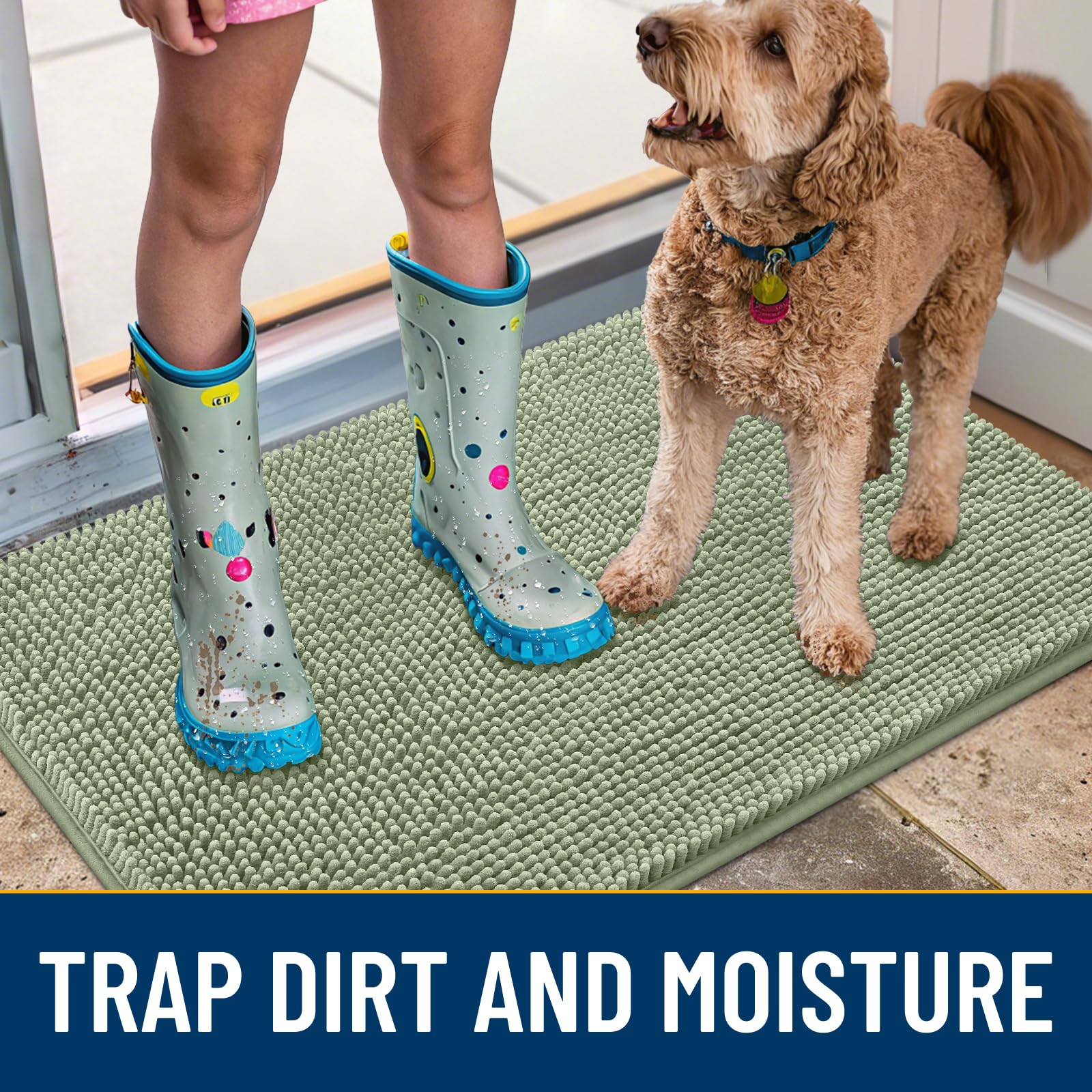 Non-slip backing on Smiry door mat providing stable footing on dry surfaces.
