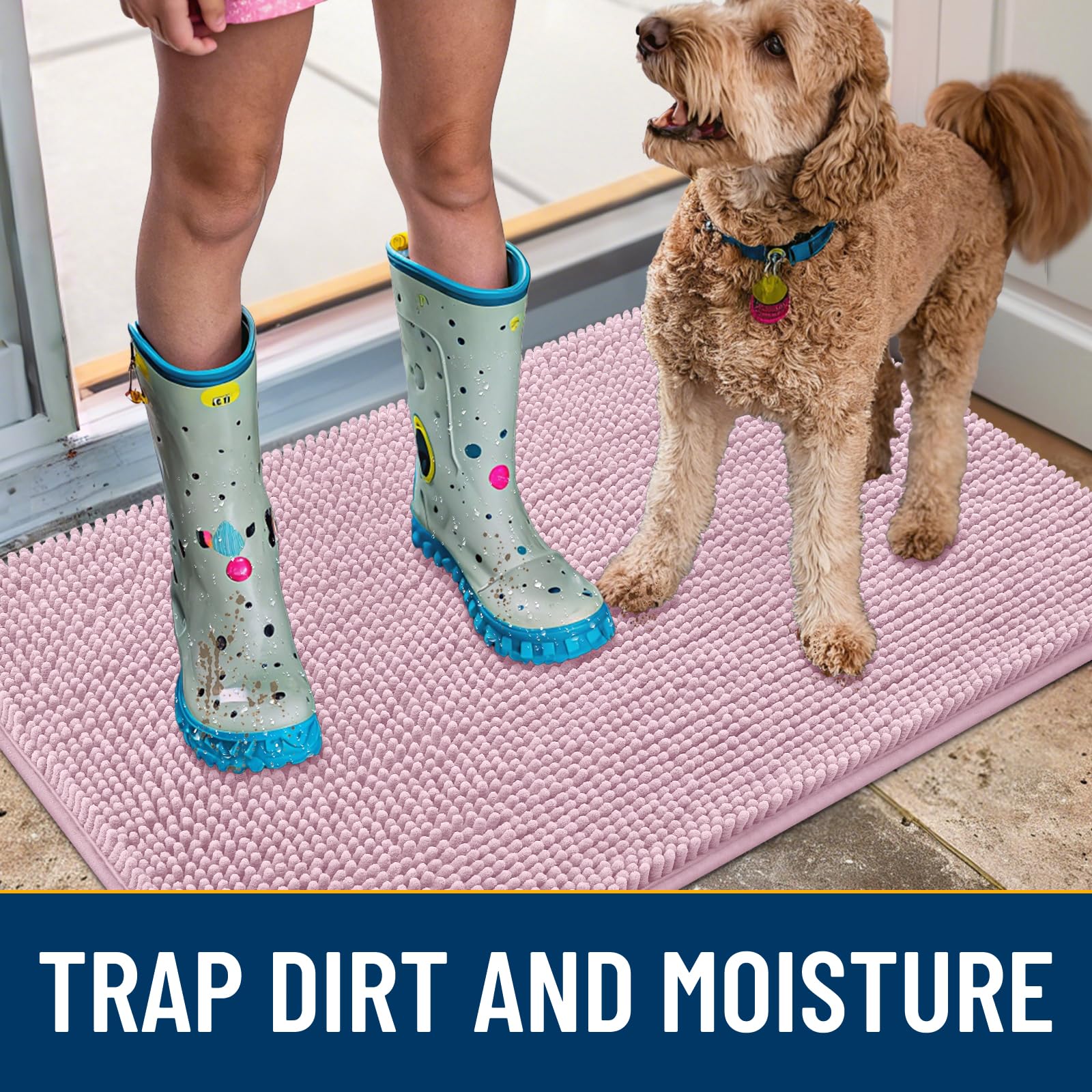 Smiry dog door mat with non-slip rubber backing stays put during busy entrances