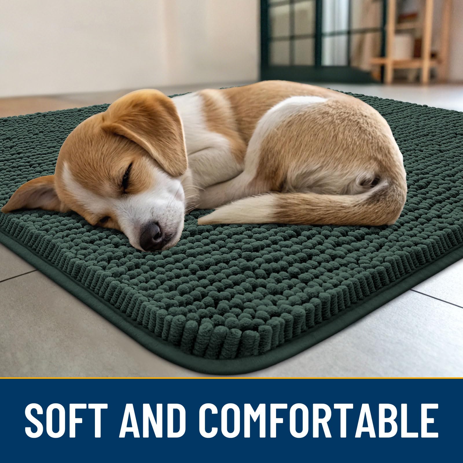 Smiry Dog Door Mat with non-slip rubber backing stays securely in place.