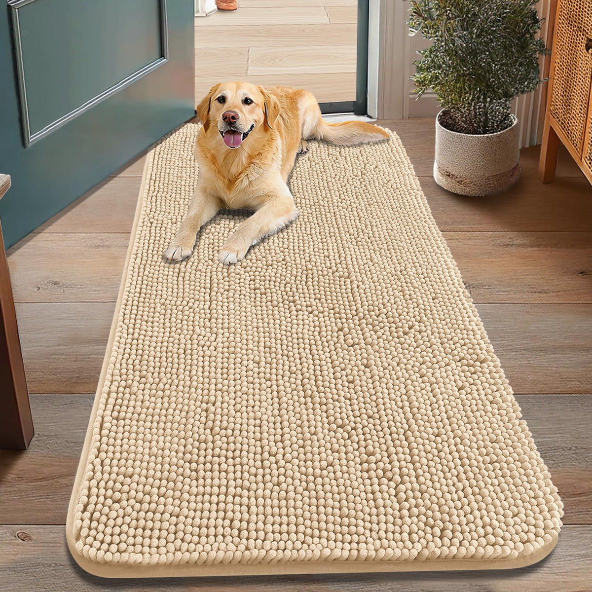 Smiry dog door mat plush-chenille closeup emphasizes soft comfort for pets and guests.