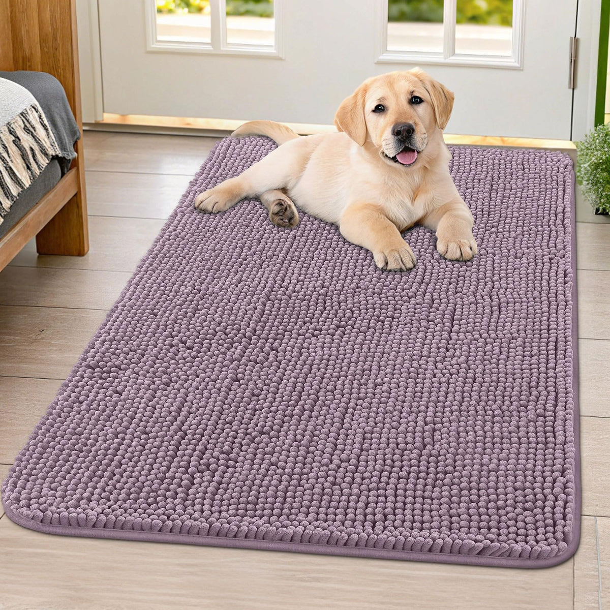 Smiry dog door mat soft-pile closeup shows cozy feel and moisture protection for pawed guests.