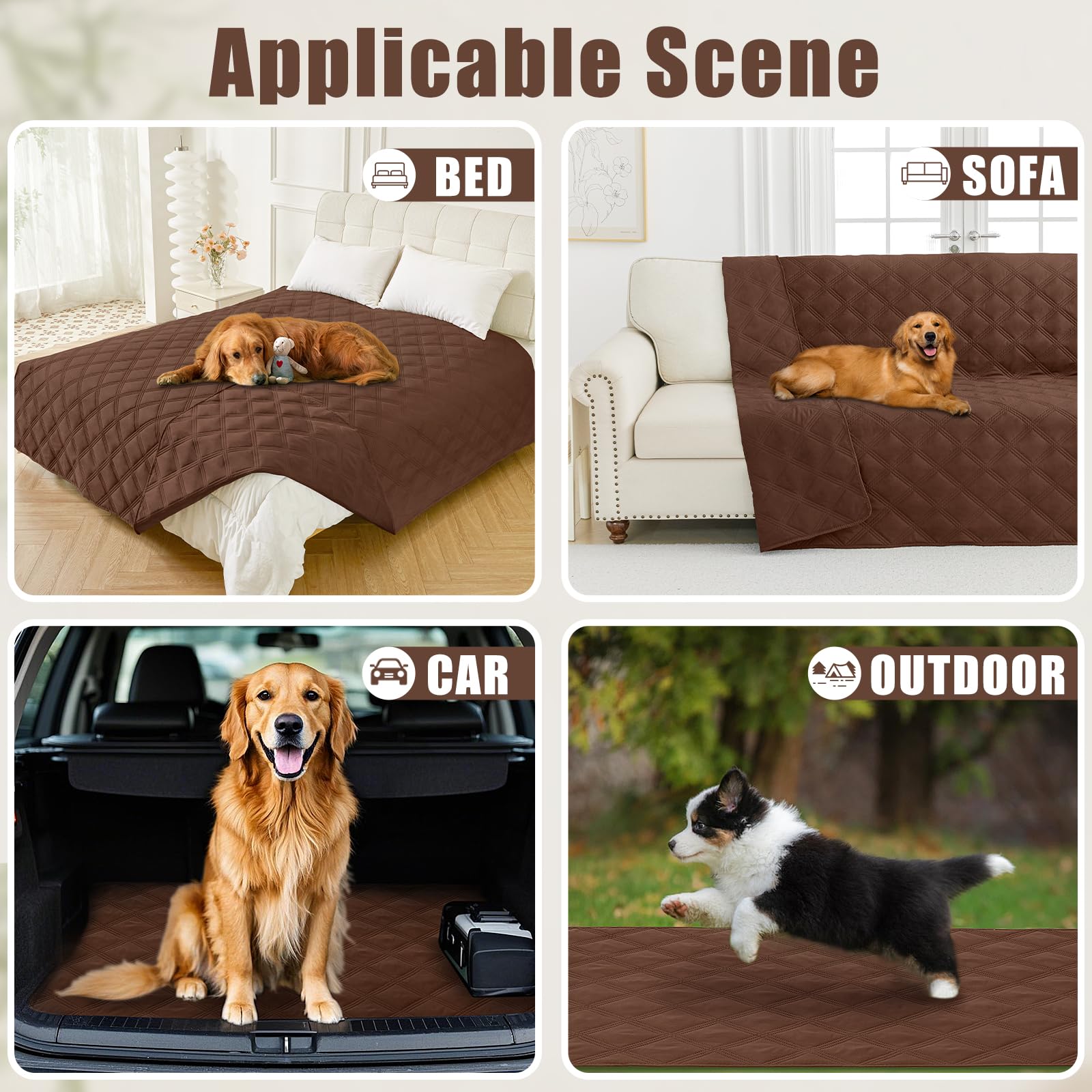 Smiry quilted dog couch cover on bed demonstrates versatile surface protection.