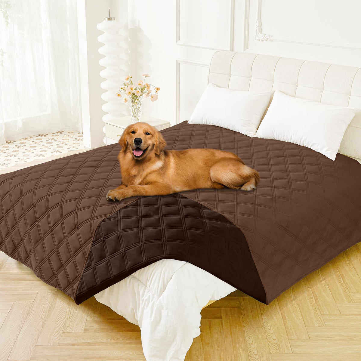 Smiry waterproof dog bed cover 82x102 drapes over a sofa, guarding against spills.