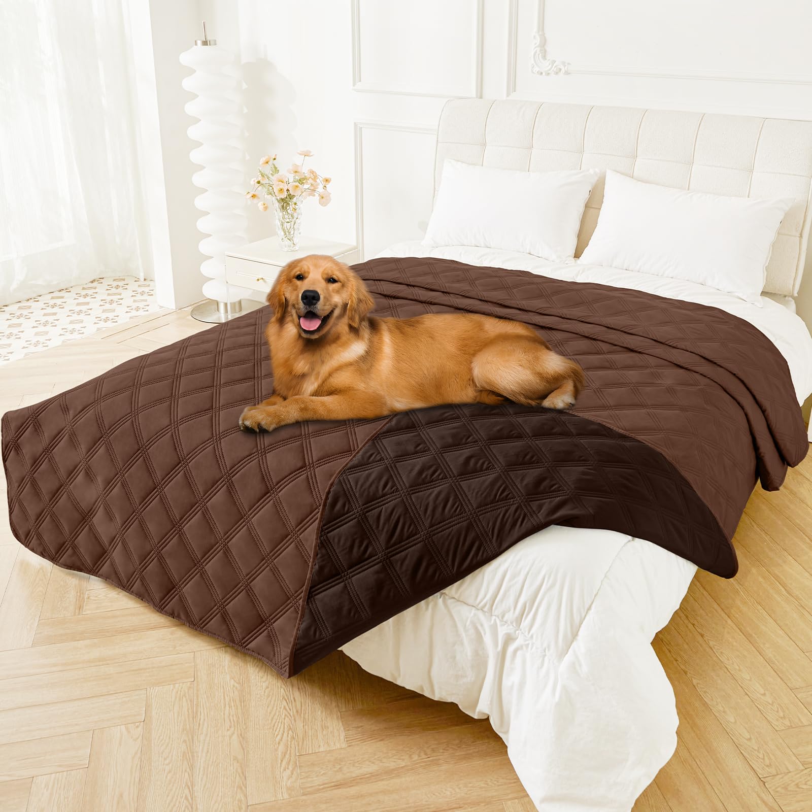 Smiry waterproof dog bed cover closeup highlights dual-sided protection against spills for sofas and beds.