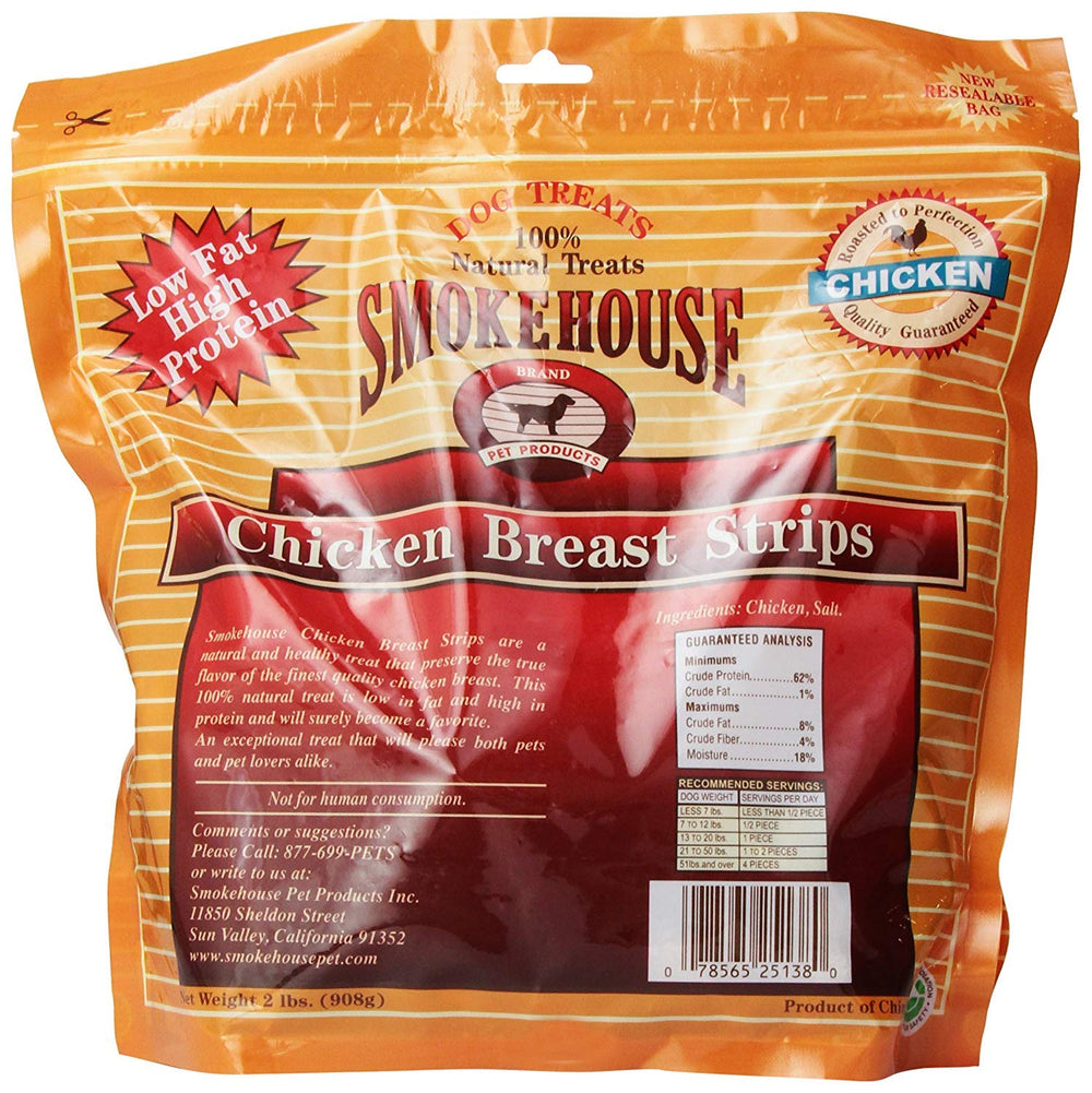 Smokehouse Treats chicken breast strips close-up shows savory aroma for dogs.