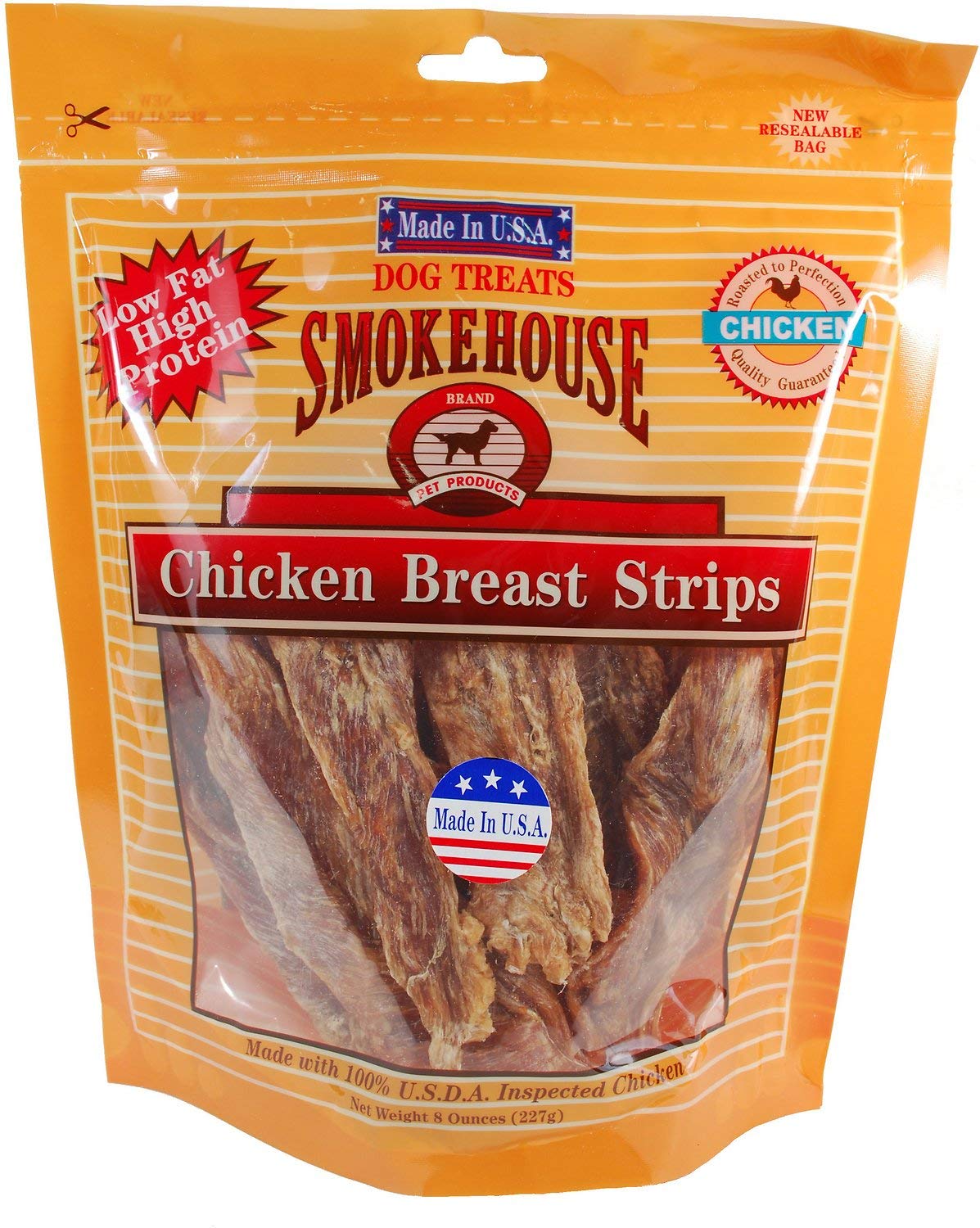 SMOKEHOUSE TREATS chicken breast strips 8oz pack—great for rewards.