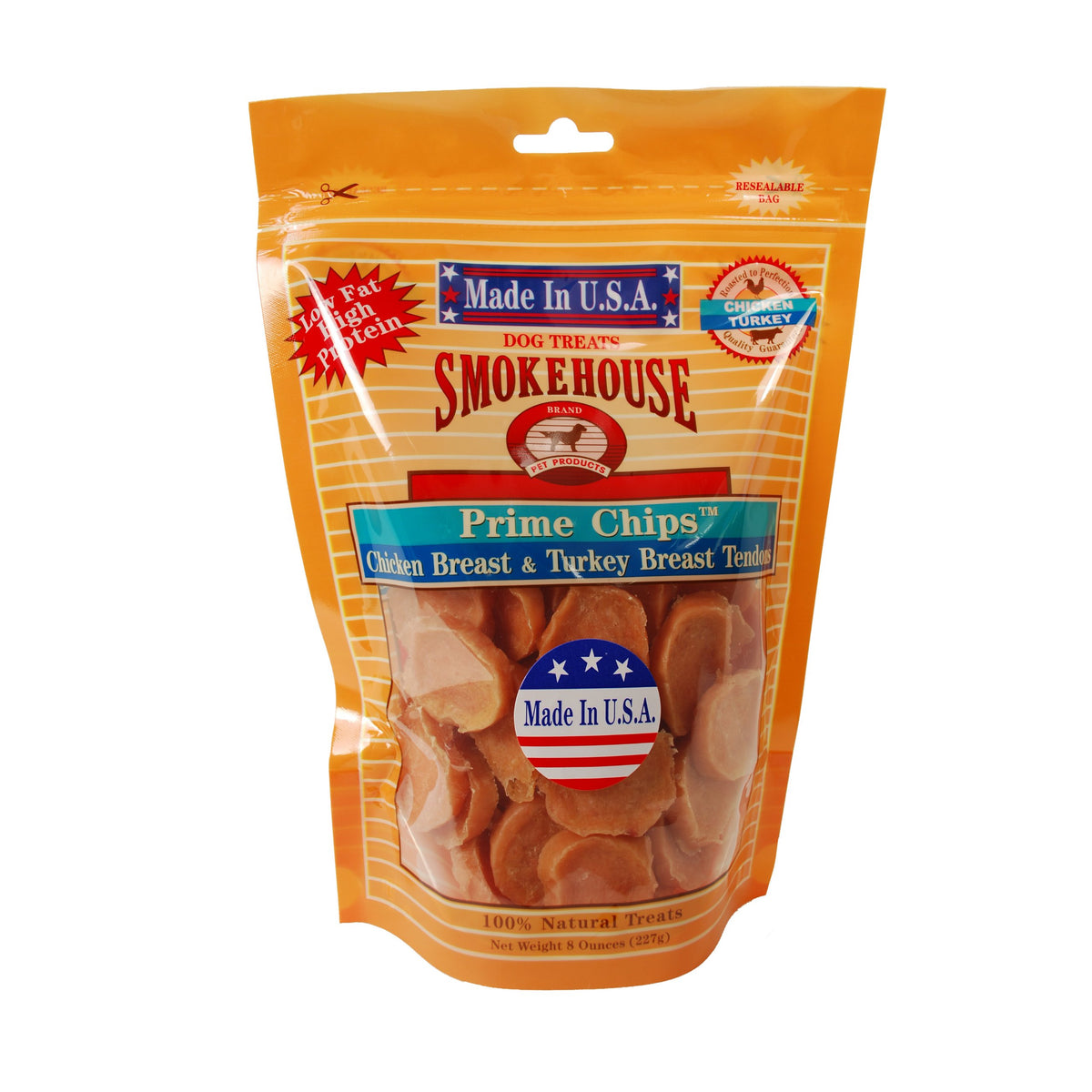 Smokehouse Treats prime chips dog treats bag, ideal training reward.
