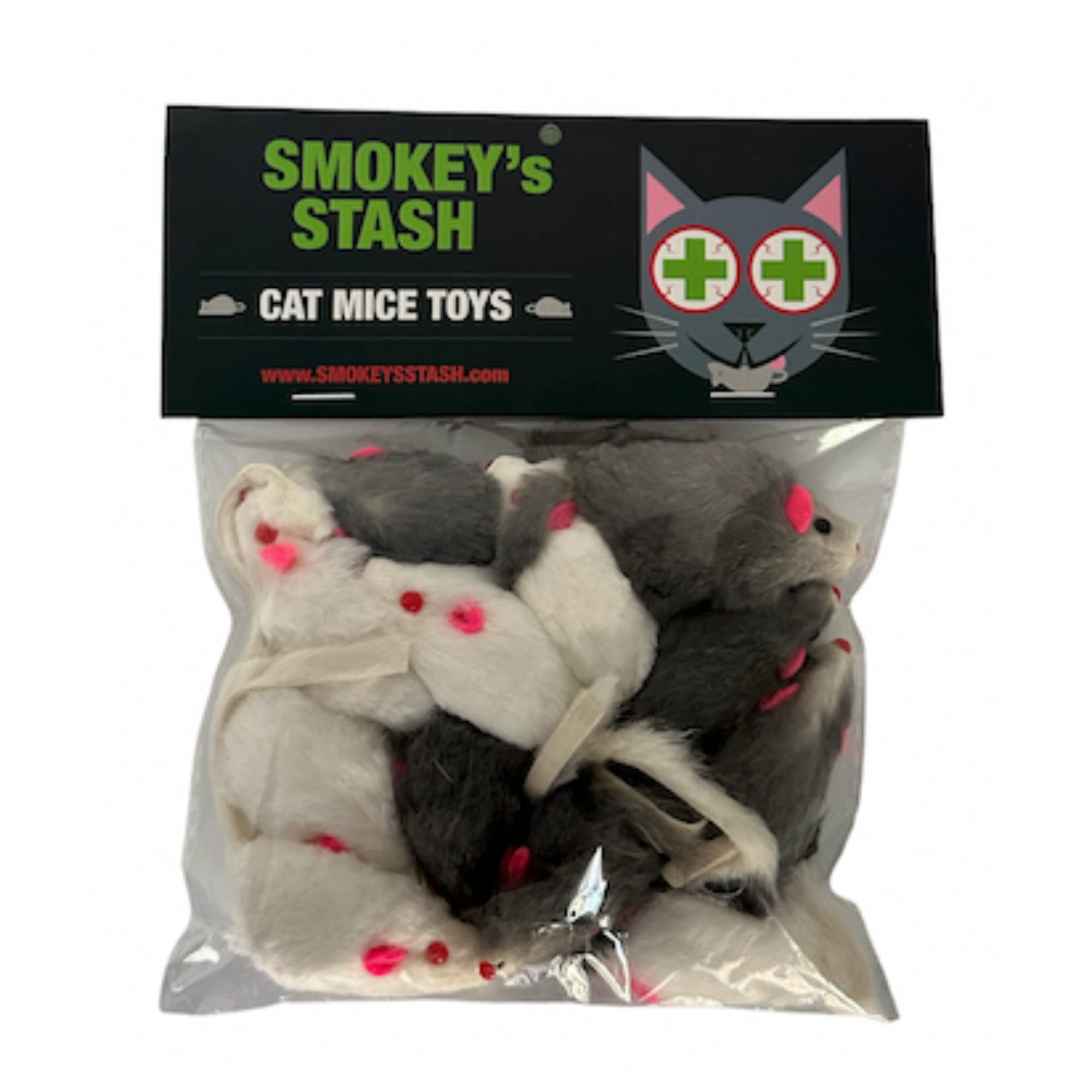 Smokeys Stash rabbit fur mouse with rattle adds audible stimulation.