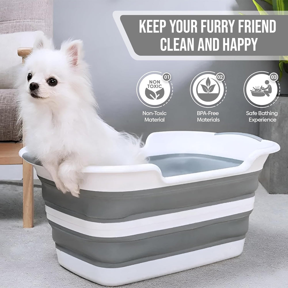 Smoochie dog wash tub collapsible and BPA-free, safe for gentle washing.