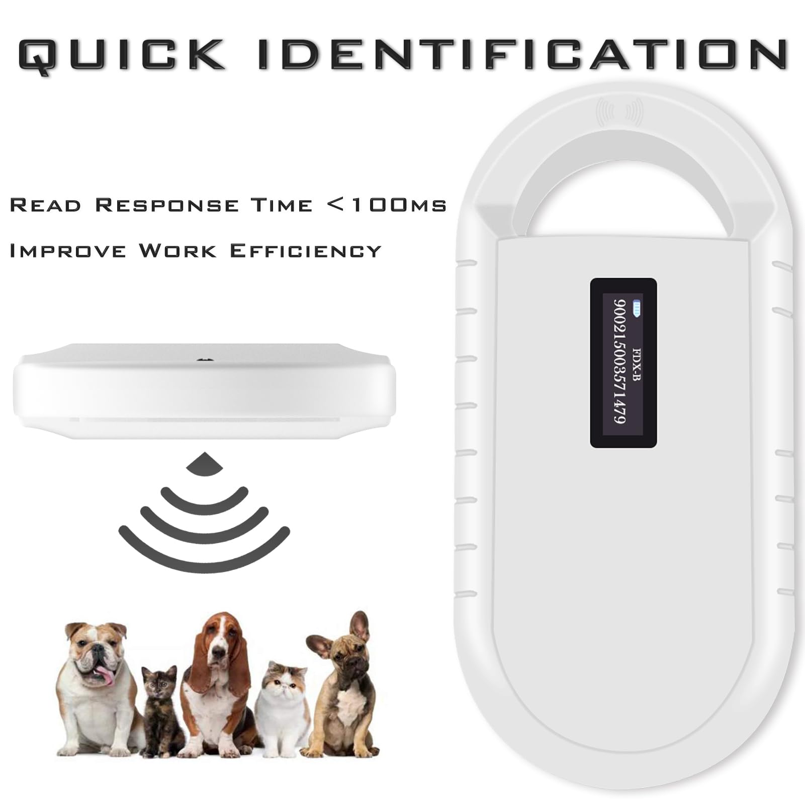 Smoostart Microchip Scanner extended range and faster speed graphic emphasizing efficiency.