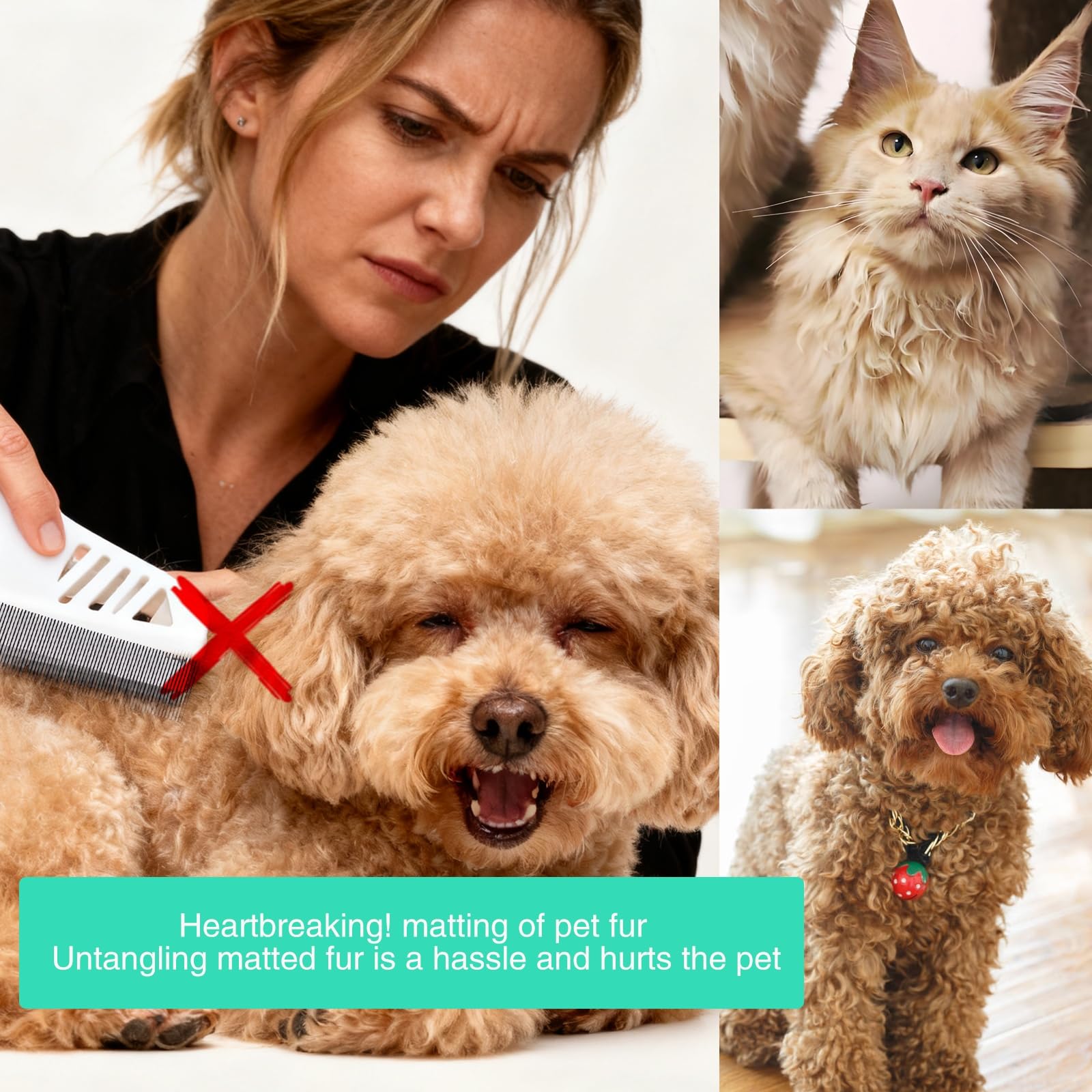 Smoothway flea comb in use on a long-haired pet for detangling.