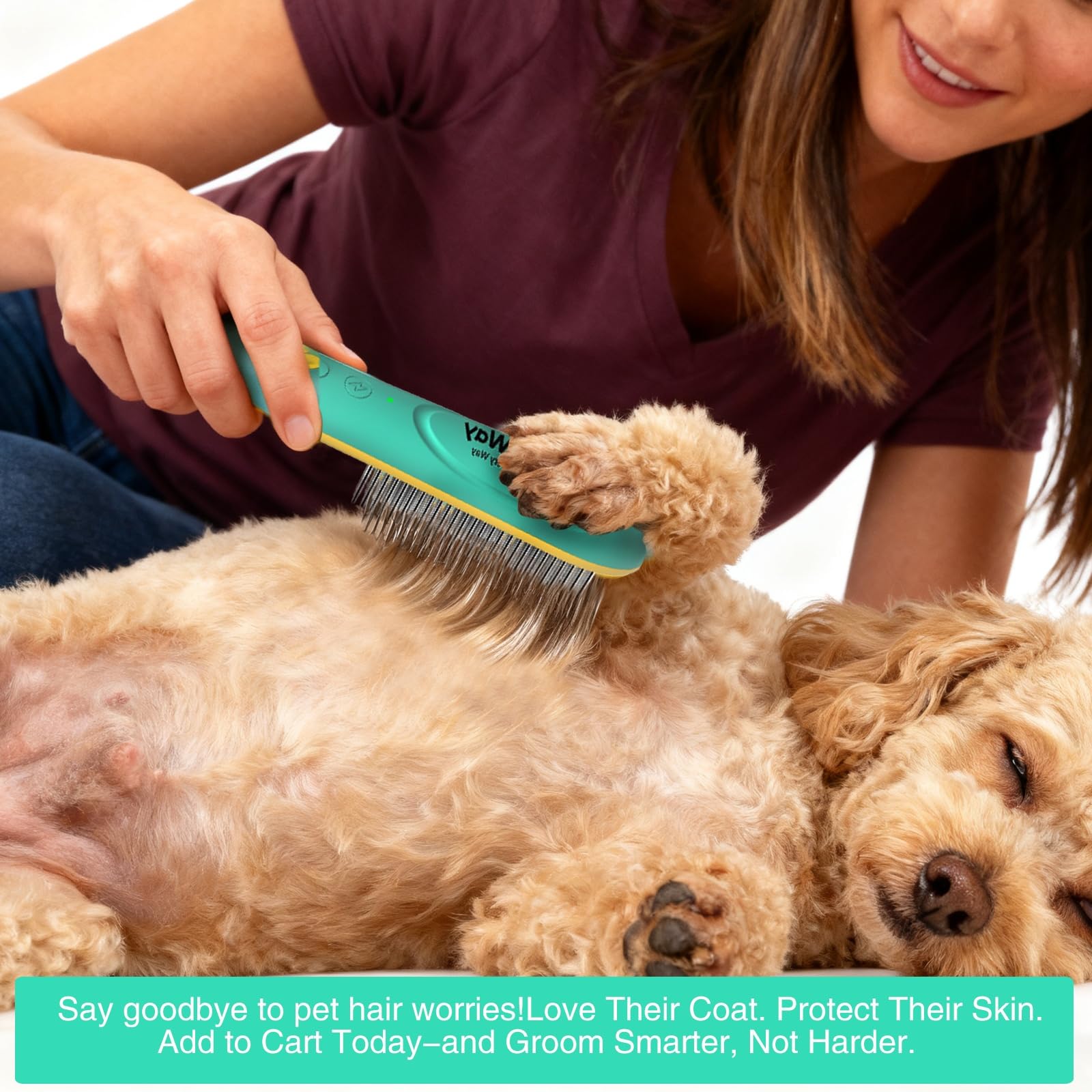Smoothway flea comb used on long-haired coat for gentle grooming.