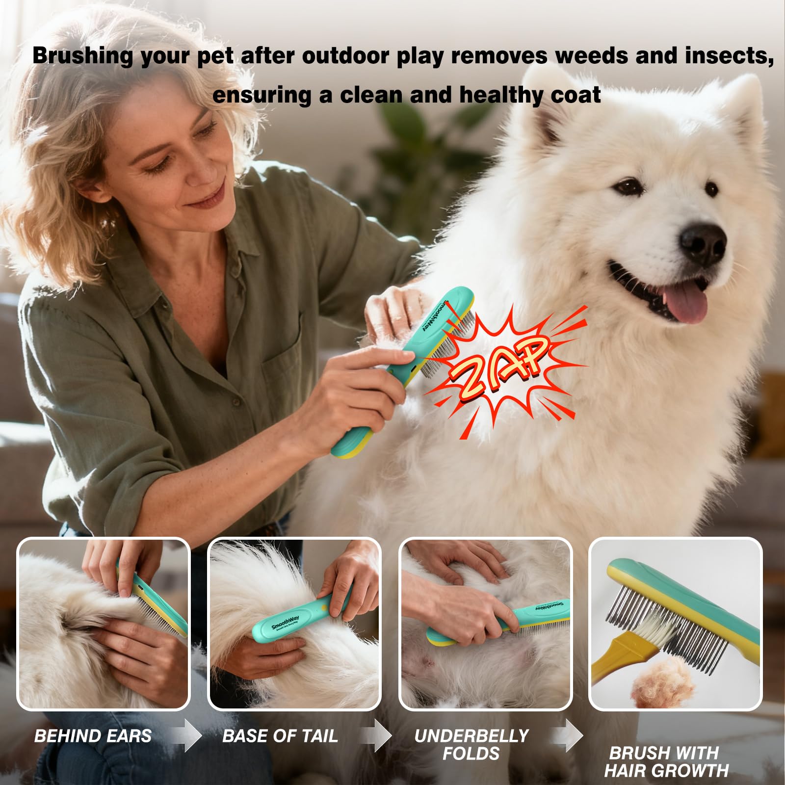Smoothway comb in use on dogs provides comfortable grooming and debris lift.