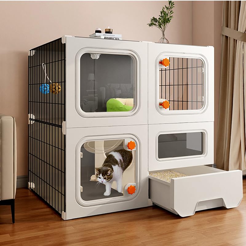 SNAAT cat cage enclosure with litter box design for simplified cleanup and monitoring.