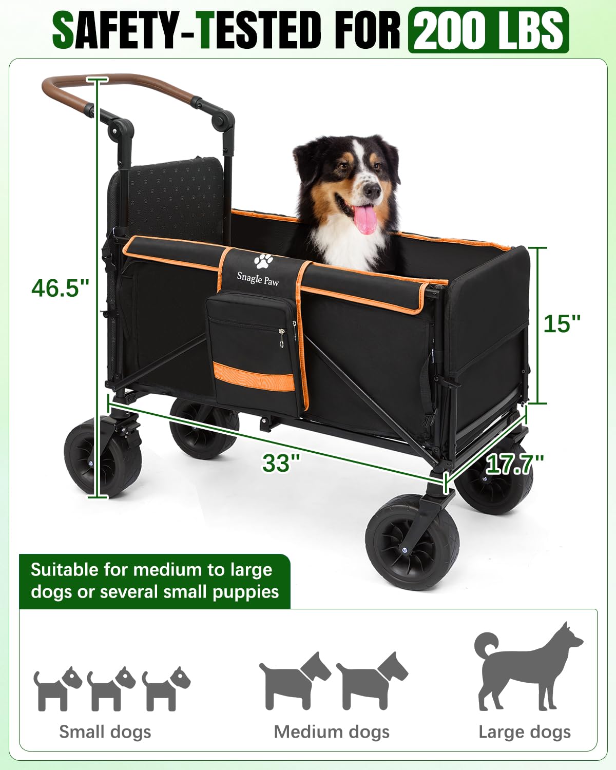 Snagle Paw dog wagon with all-terrain wheels gliding on grass.