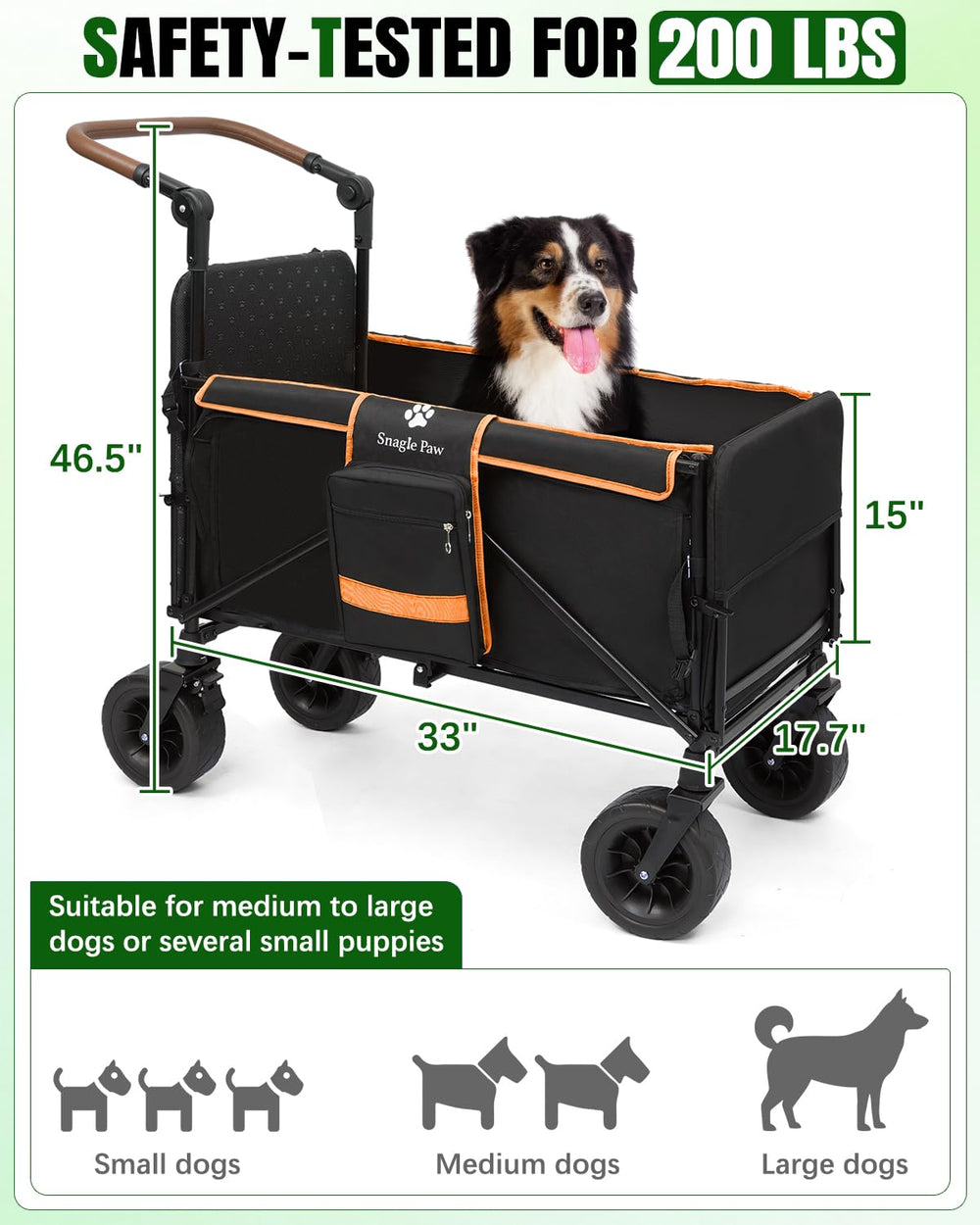 Snagle Paw dog wagon with all-terrain wheels gliding on grass.