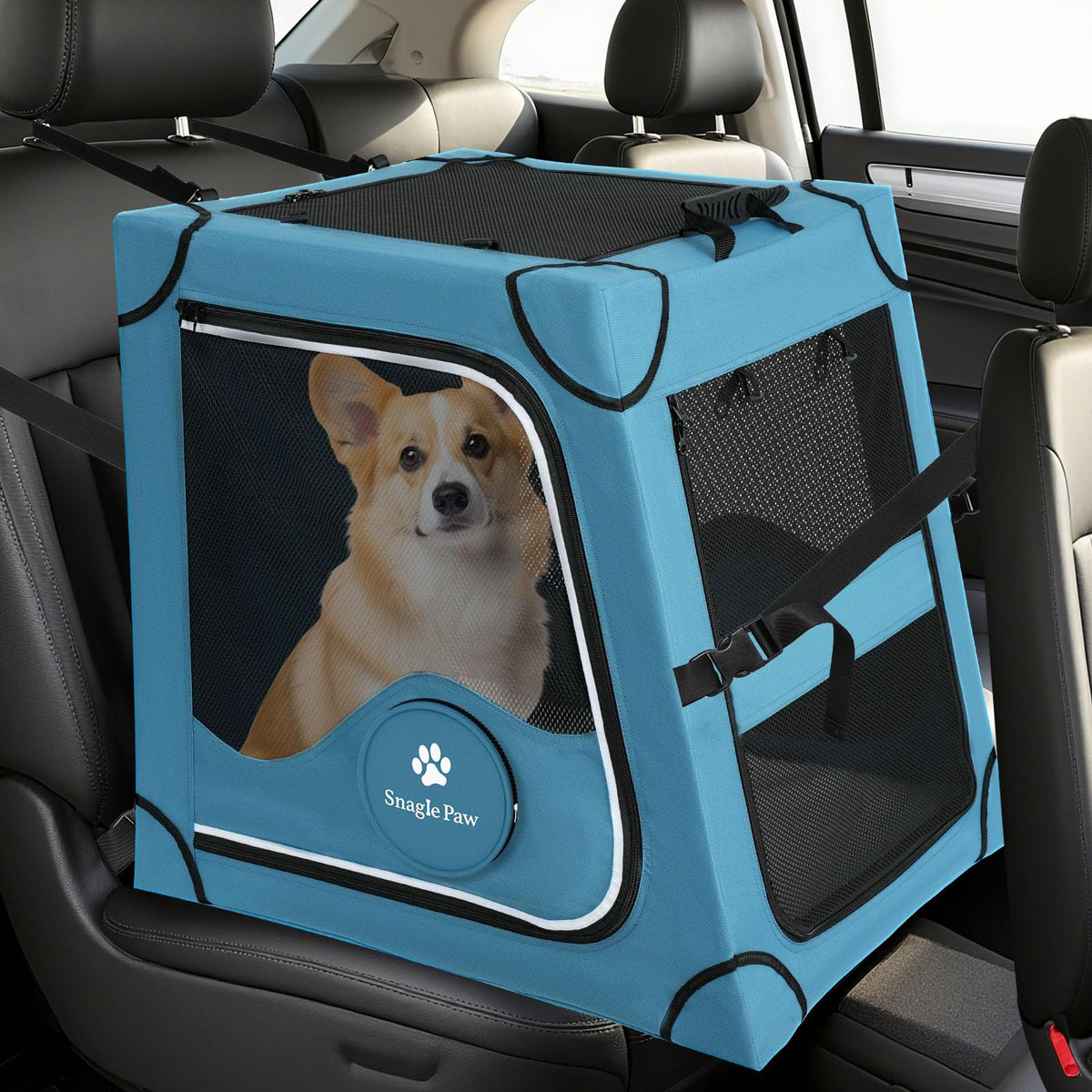 Snagle Paw car crate with sturdy metal frame keeps pets secure during travel.