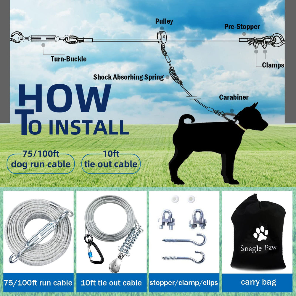 Snagle Paw dog runner zipline 10ft for smooth, controlled zooms.