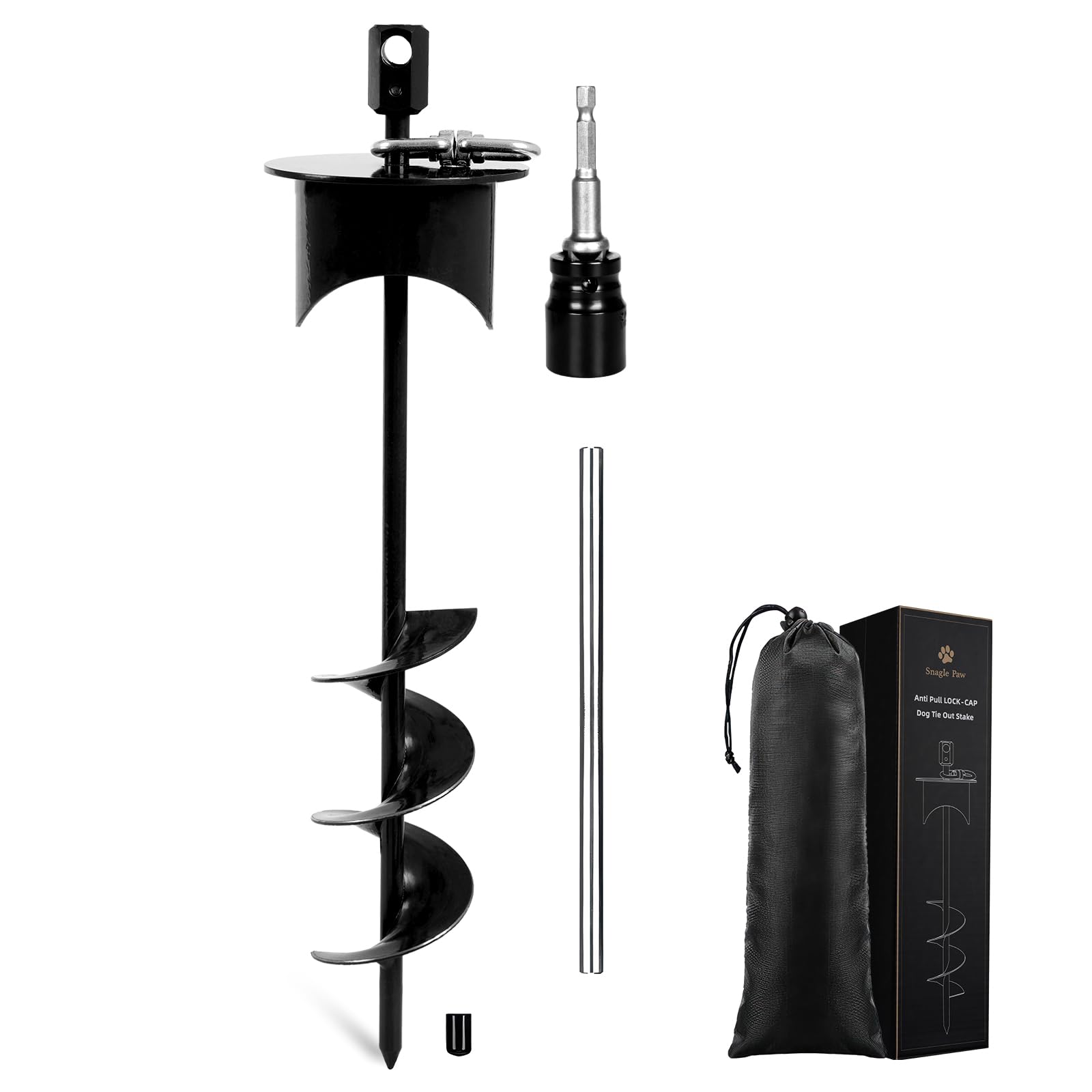 Snagle Paw dog tie-out stake with lock-cap upright for secure anchoring.
