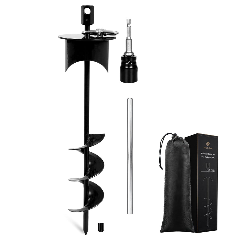 Snagle Paw dog tie-out stake with lock-cap upright for secure anchoring.