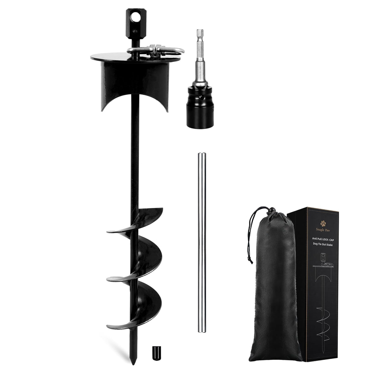 Snagle Paw dog tie-out stake with lock-cap upright for secure anchoring.