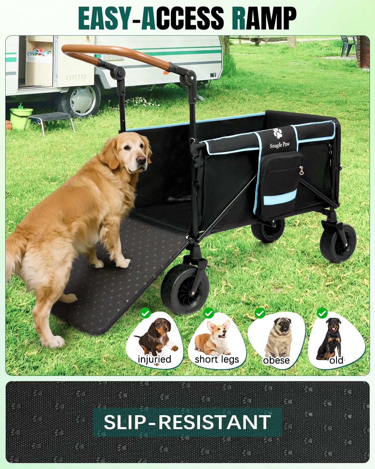 Snagle Paw all-terrain wheels navigating grass and gravel surfaces.