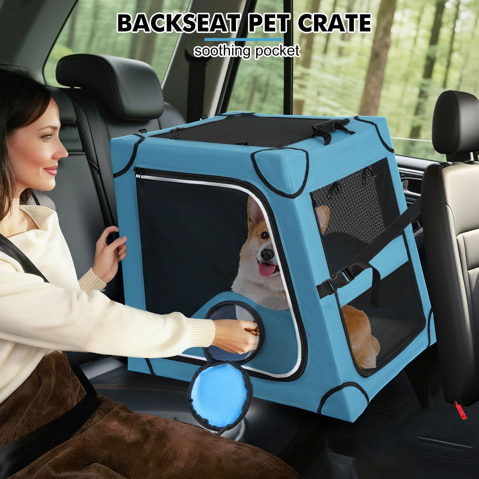 Snagle Paw crate secured with headrest straps and seatbelt.