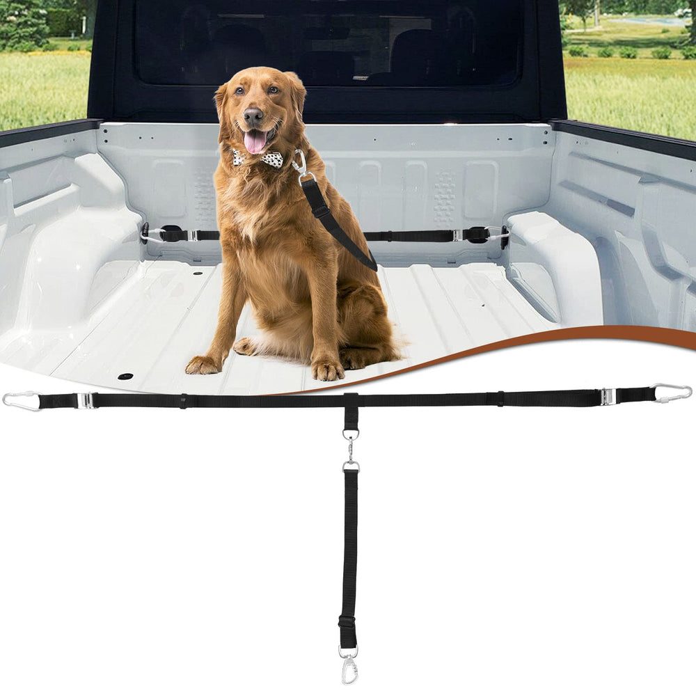 Snagle Paw heavy-duty leash system in truck bed barrier keeps large dogs restrained during road trips
