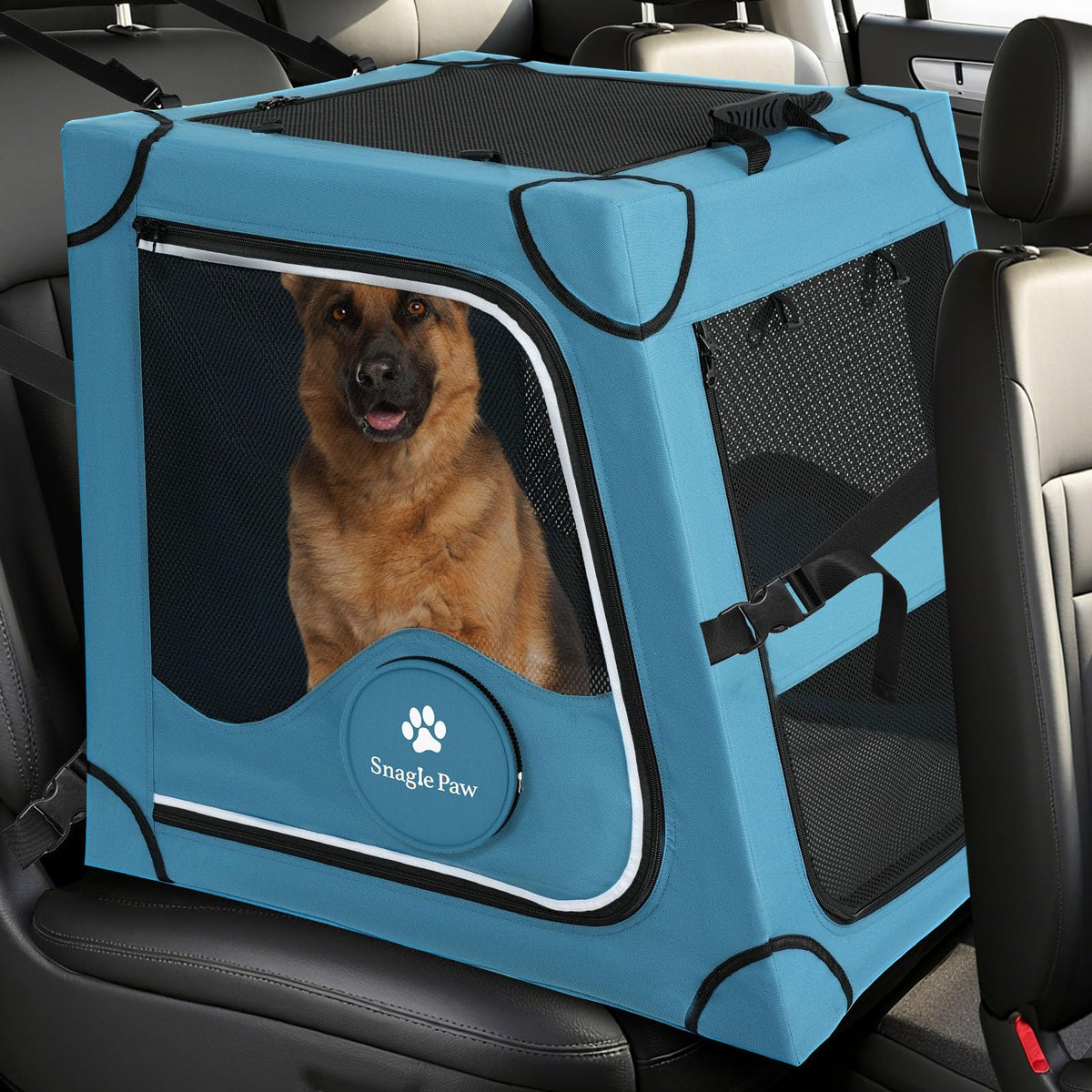Snagle Paw portable dog crate front view shows sturdy metal frame for secure car trips.