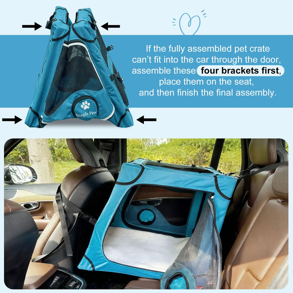 Snagle Paw crate in-vehicle-fit image confirms dimensions for car back seat.