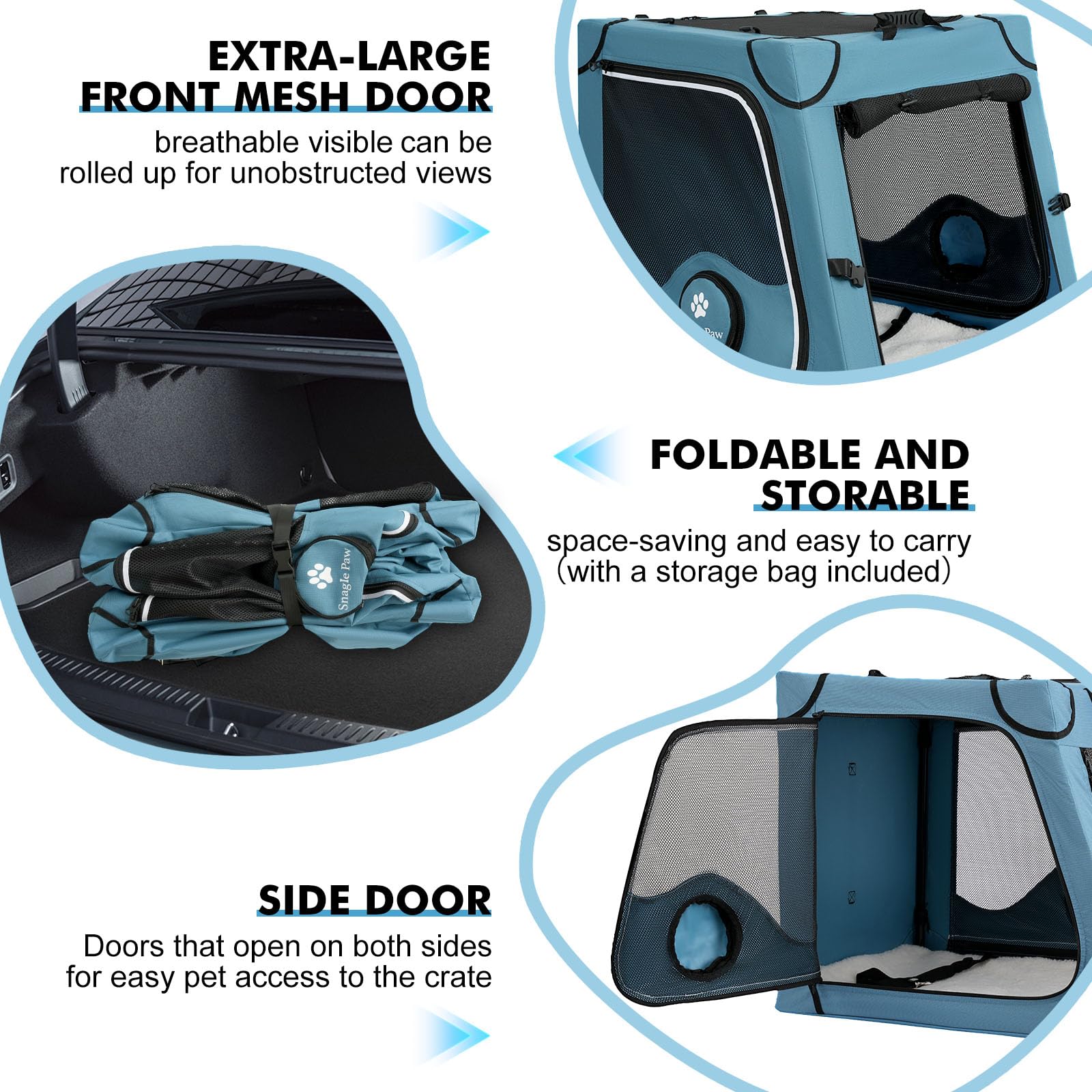 Snagle Paw crate side-entry demonstrates easy access for pets during travel.