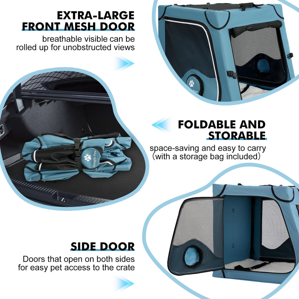 Snagle Paw crate side-entry demonstrates easy access for pets during travel.