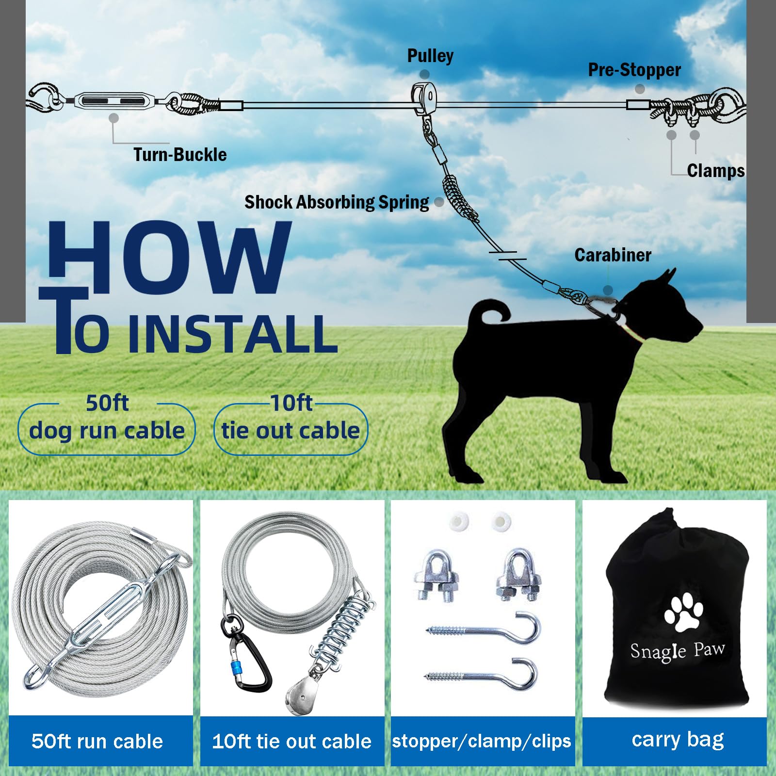 Snagle Paw pulley-runner 10ft zipline enables smooth runs.