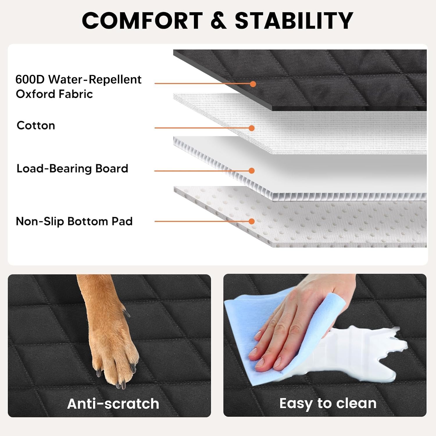 Snagle Paw water-resistant Oxford fabric shields seats from spills and messes.