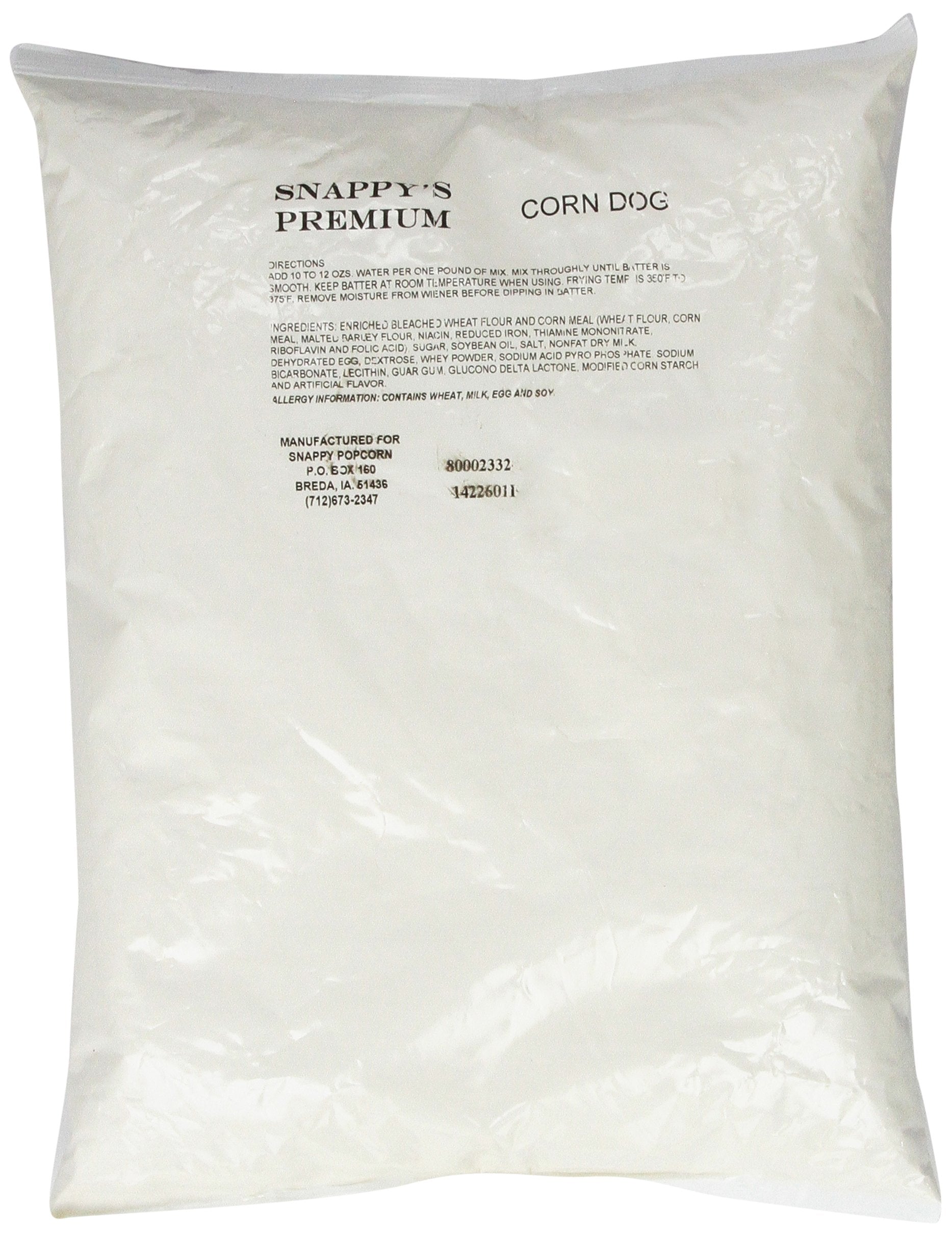 SNAPPY Premium Corn Dog Mix bag closeup highlights quality for quick backyard snacks.