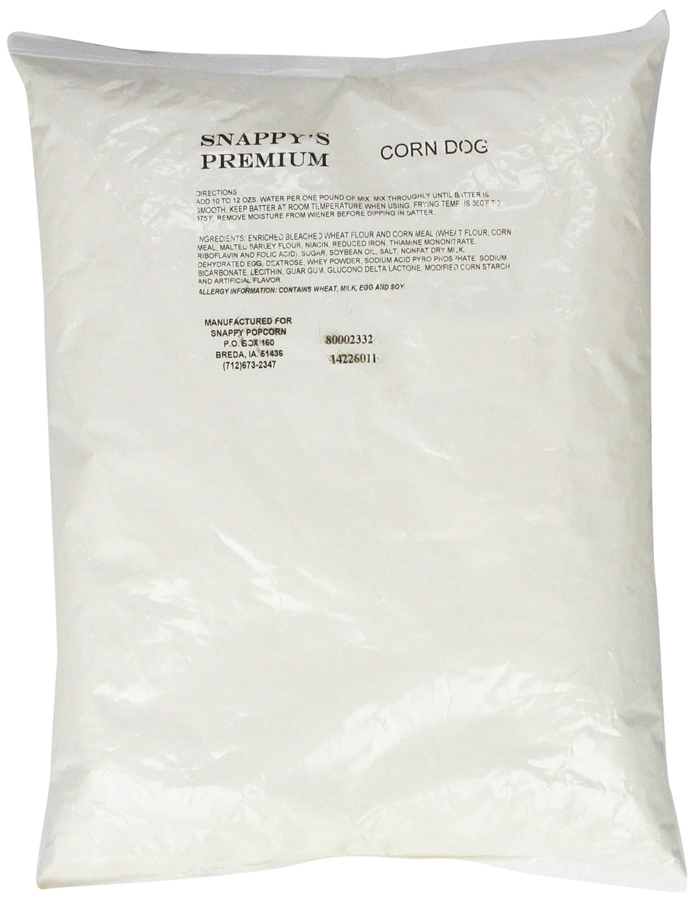 SNAPPY Premium Corn Dog Mix bag closeup highlights quality for quick backyard snacks.