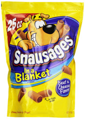 Snausages in a Blanket cheese exterior with beef center for tasty rewards.